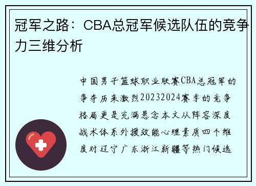 冠军之路：CBA总冠军候选队伍的竞争力三维分析